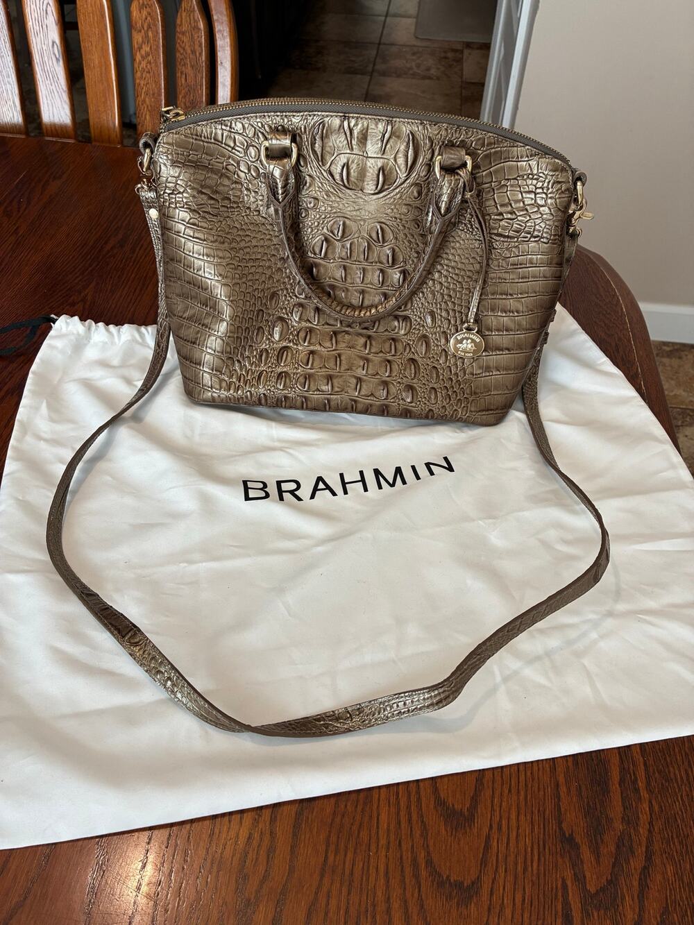 Brahmin Duxbury Melbourne Medium Leather Satchel Bag Gold Silver Crossbody